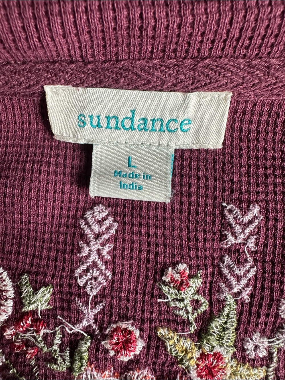 Sundance Plum Floral Embroidered Waffle Knit Henley Top Long Sleeve Size Large - Picture 4 of 8